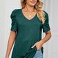 Heathered V-Neck Puff Sleeve T-Shirt