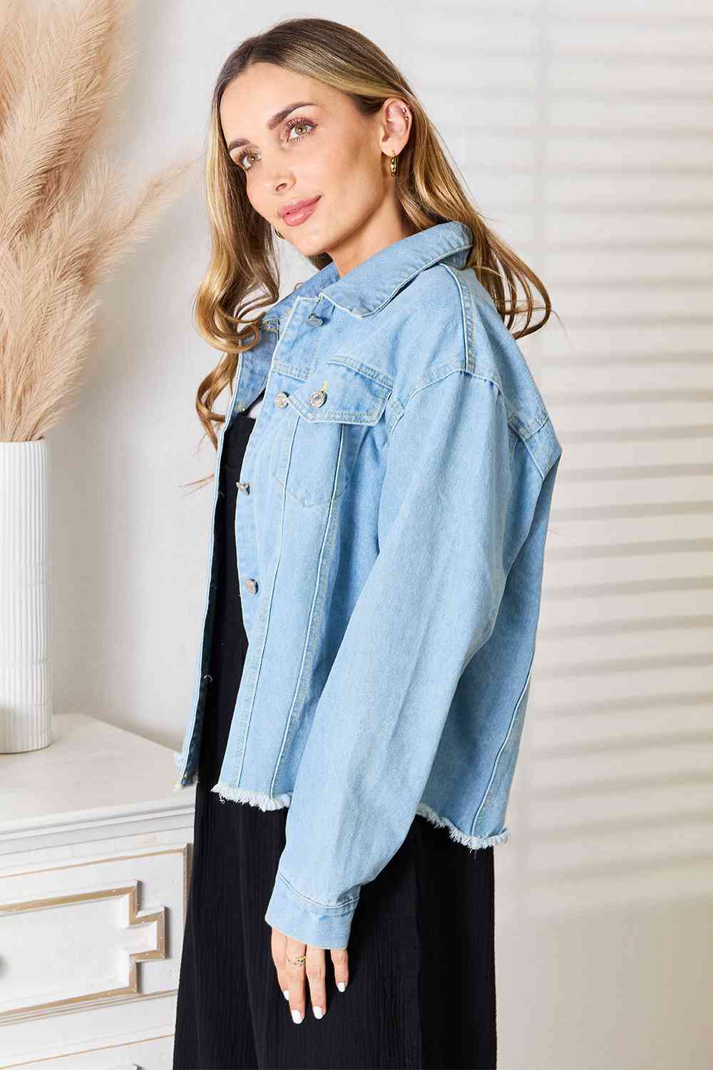 Double Take Dropped Shoulder Raw Hem Denim Jacket *