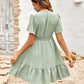 Women's Swiss Dot V-Neck Openwork Puff Sleeve Dress