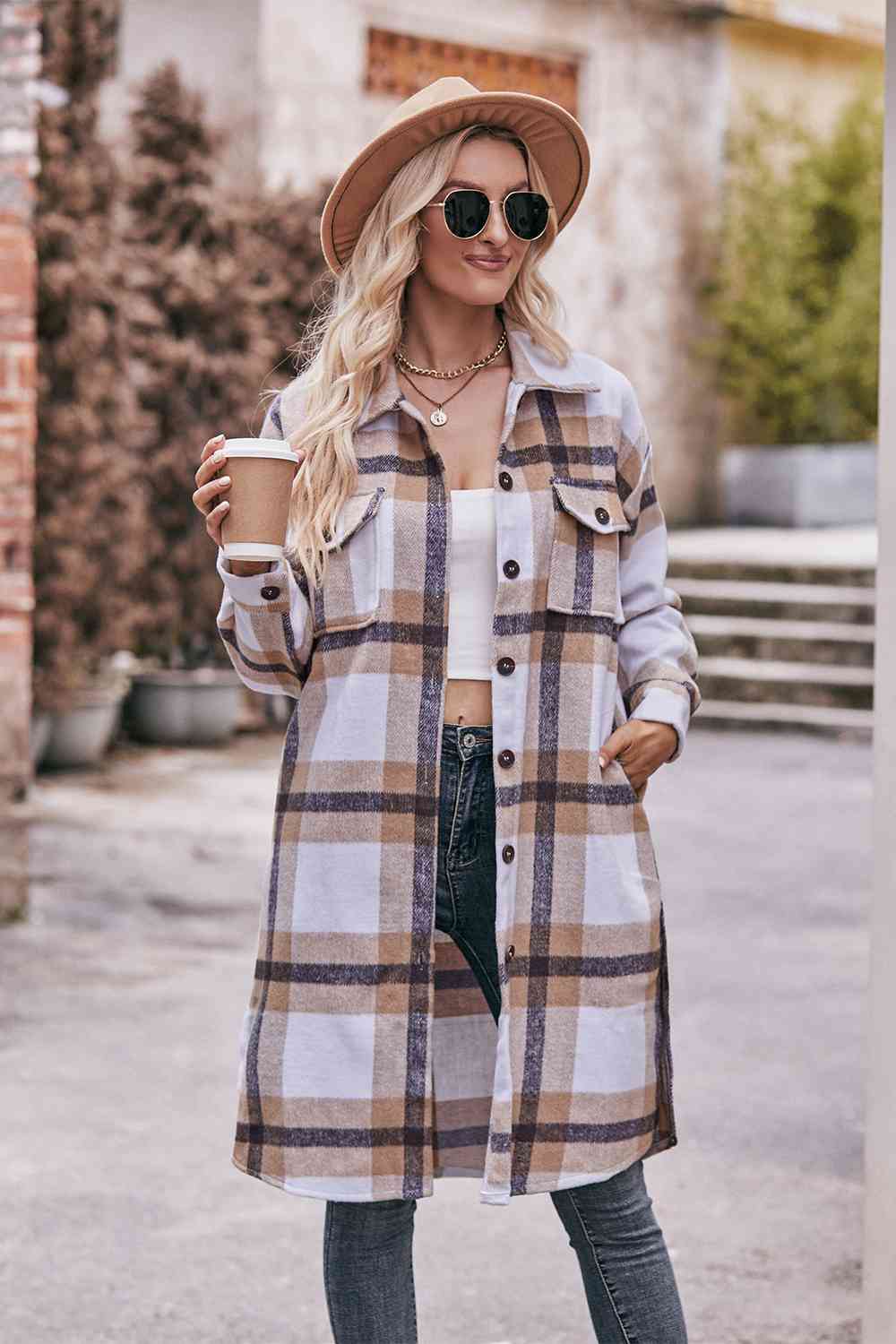 Full Size Plaid Dropped Shoulder Longline Jacket