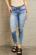 BAYEAS Medium Blue Mid Rise Distressed Skinny Jeans *