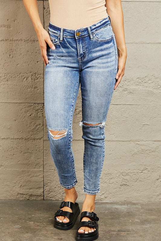 BAYEAS Medium Blue Mid Rise Distressed Skinny Jeans