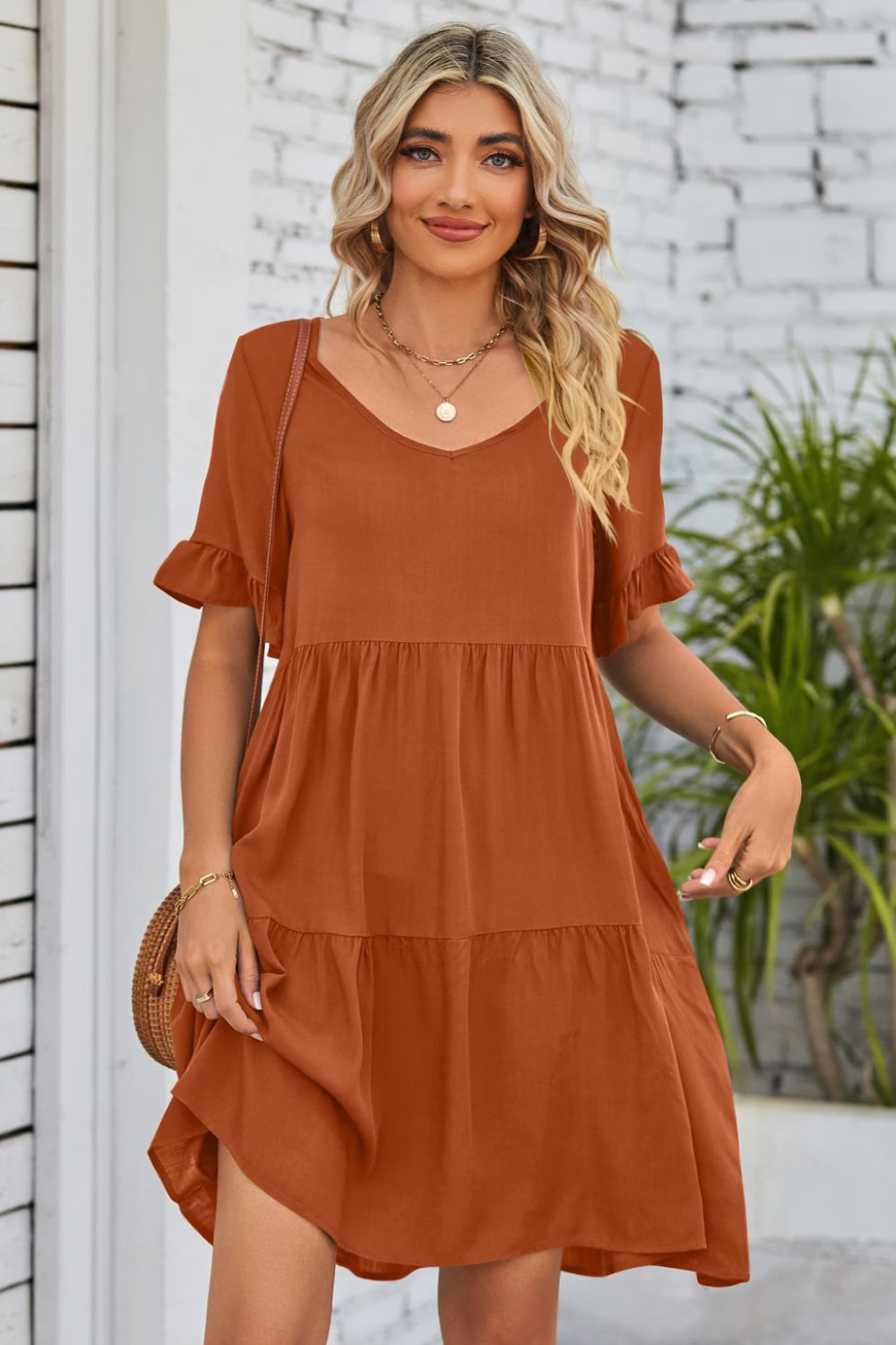 SO BOHO Full Size V-Neck Flounce Sleeve Tiered Dress