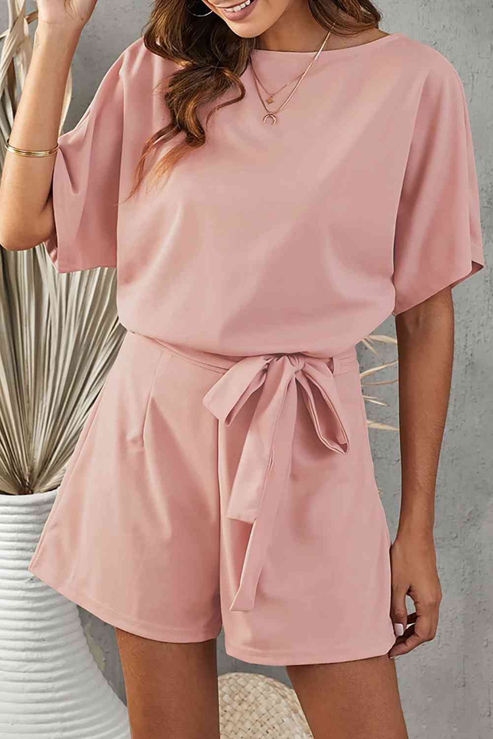 NatureJumpers Tie Belt Short Sleeve Romper