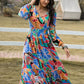 Printed Smocked Tie Neck Balloon Sleeve Maxi Dress