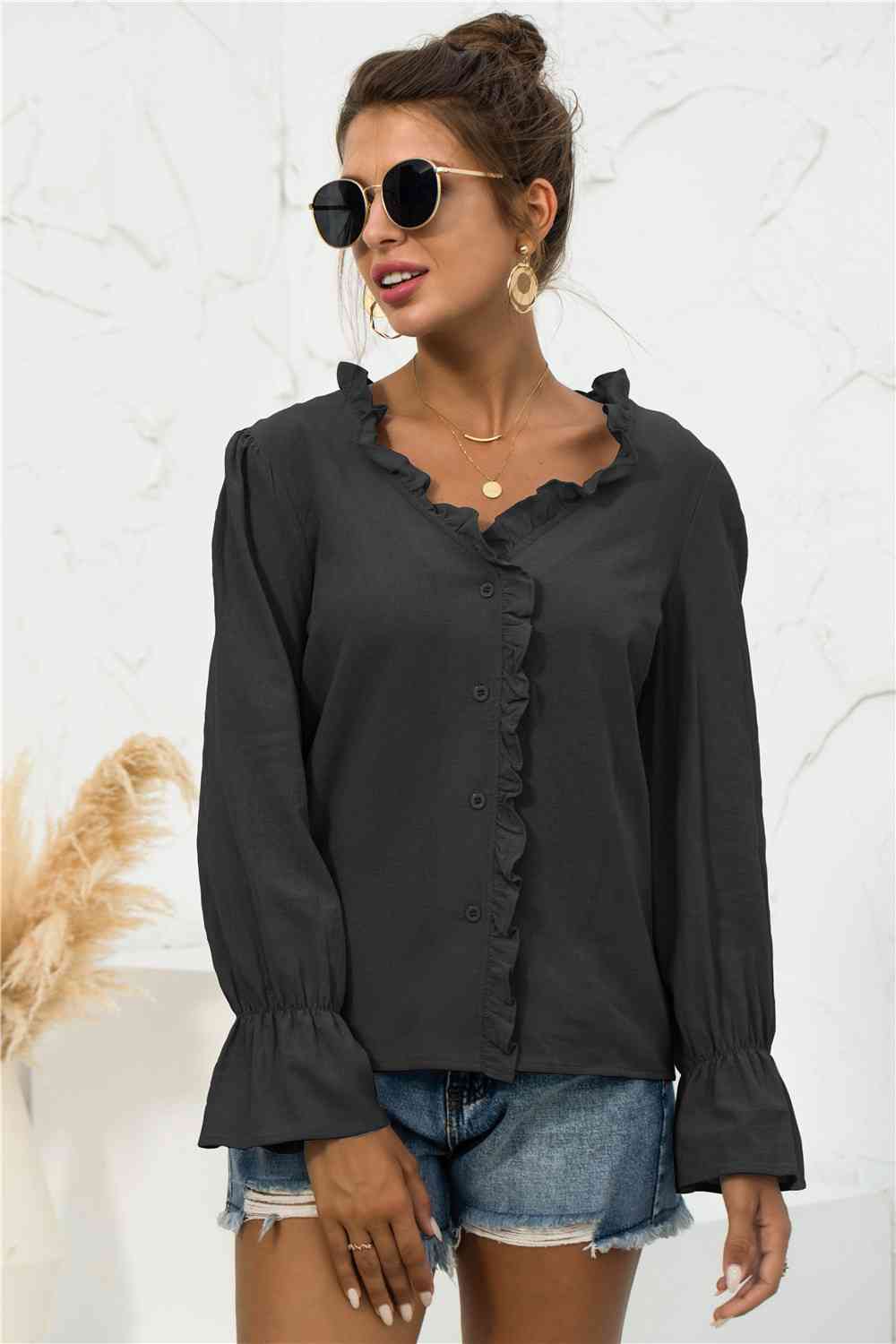 Frill Trim V-Neck Flounce Sleeve Shirt