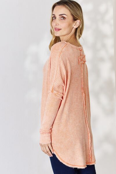 Zenana Oversized Washed Waffle Long Sleeve Top *