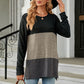 Full Size Color Block Round Neck Long Sleeve Slit T-Shirt