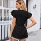 Full Size Buttoned V-Neck Ruffle Trim Top