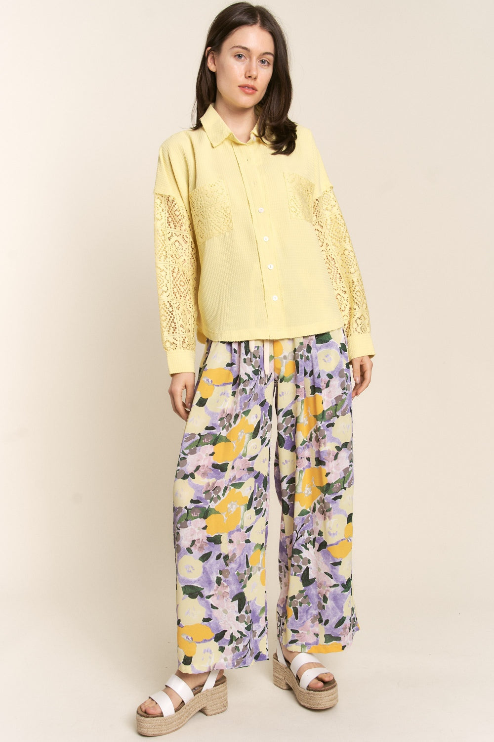 J.NNA Button Down Lace Long Sleeve Waffle Shirt *