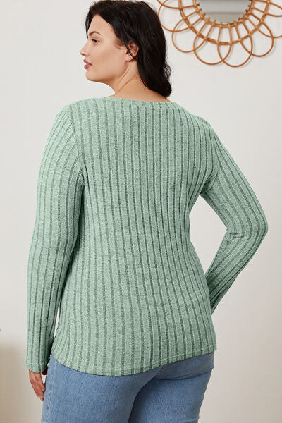 Basic Bae Full Size Ribbed V-Neck Long Sleeve T-Shirt *