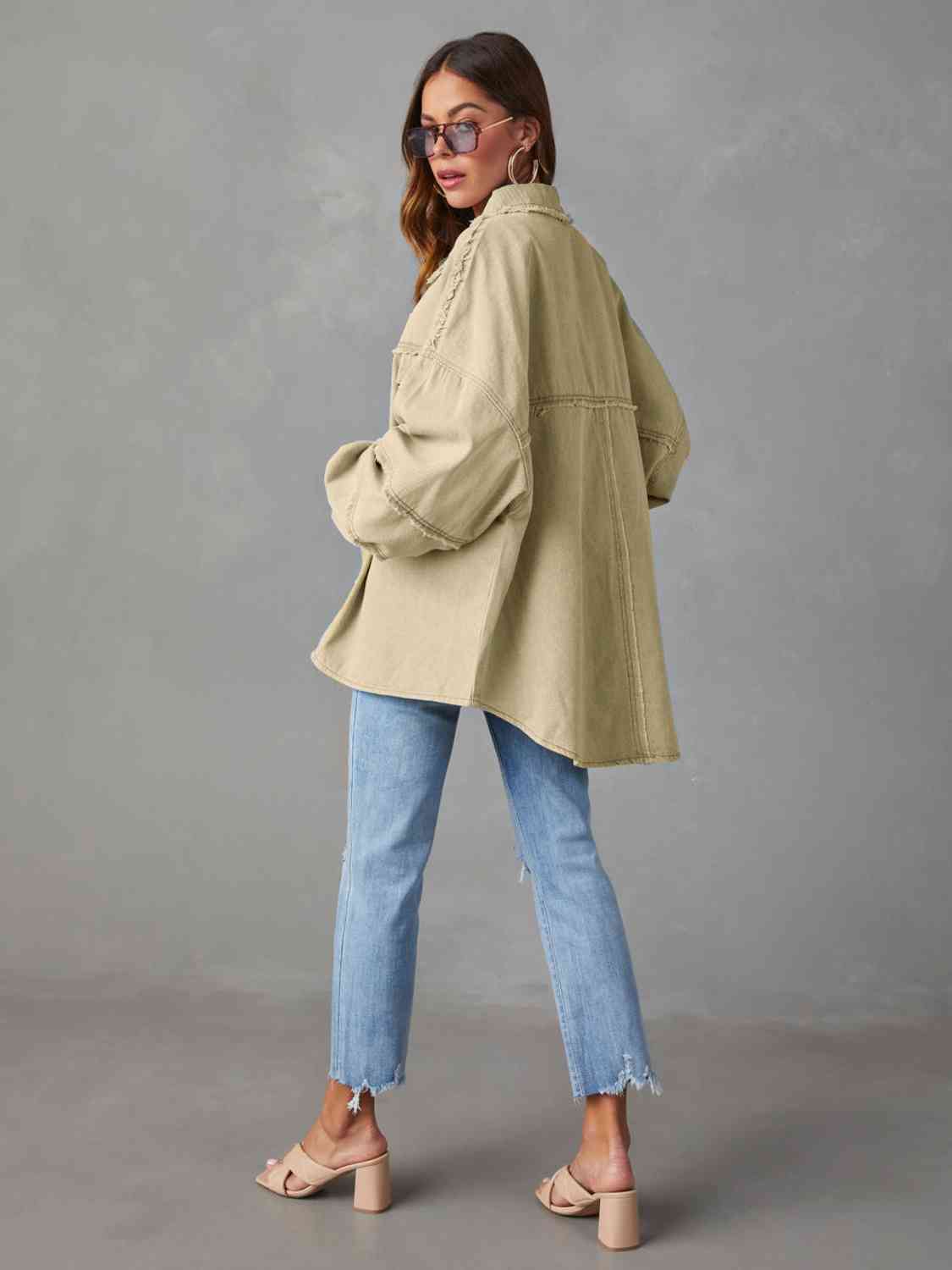 Full Size Dropped Shoulder Raw Hem Jacket