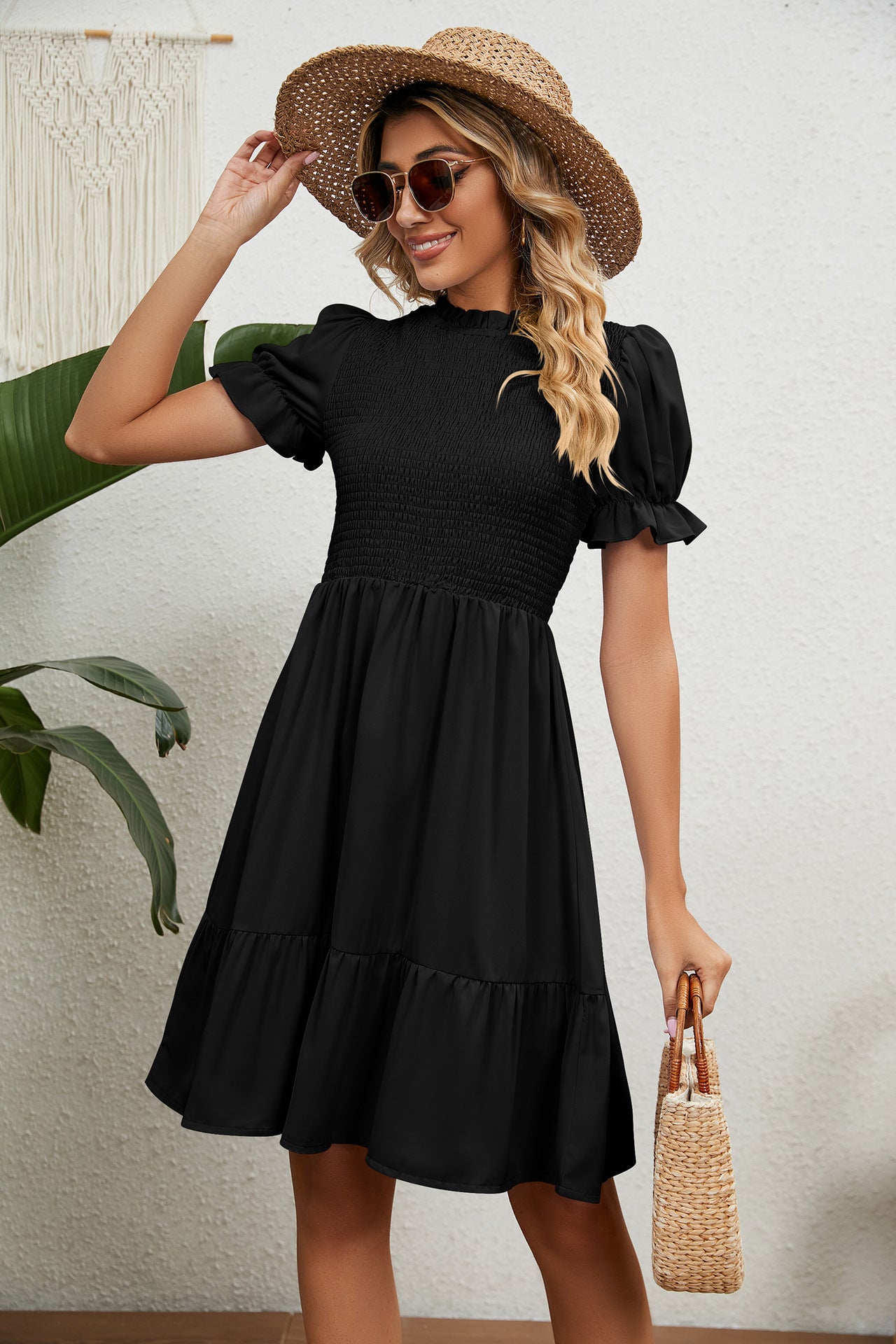 Women's Full Size Smocked Flounce Sleeve Ruffle Hem Dress