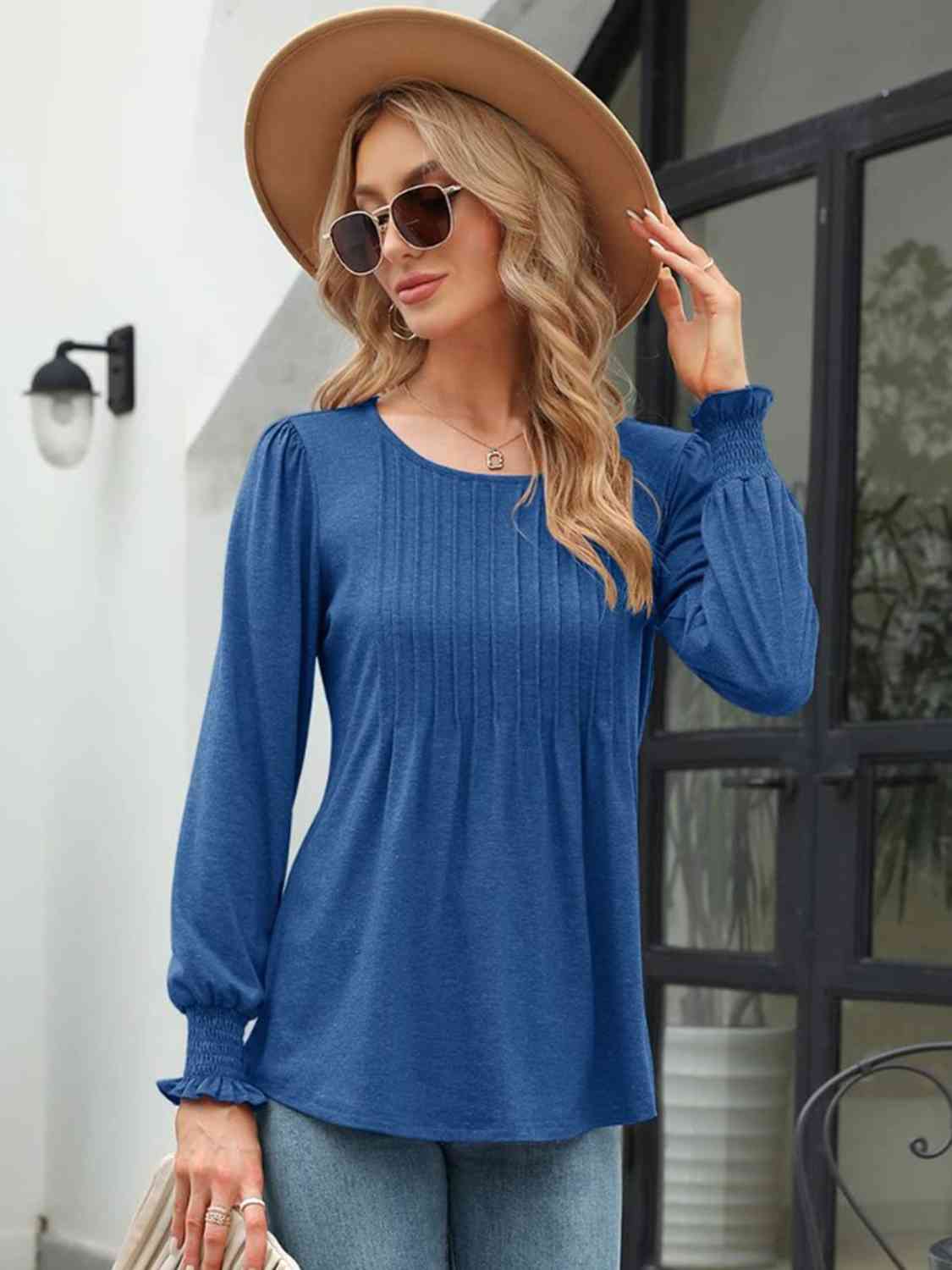 Aurora Lea Smocked Round Neck Lantern Sleeve Blouse