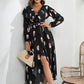 OhSoMidi Black Printed Tie Front Ruffle Trim Long Sleeve Dress