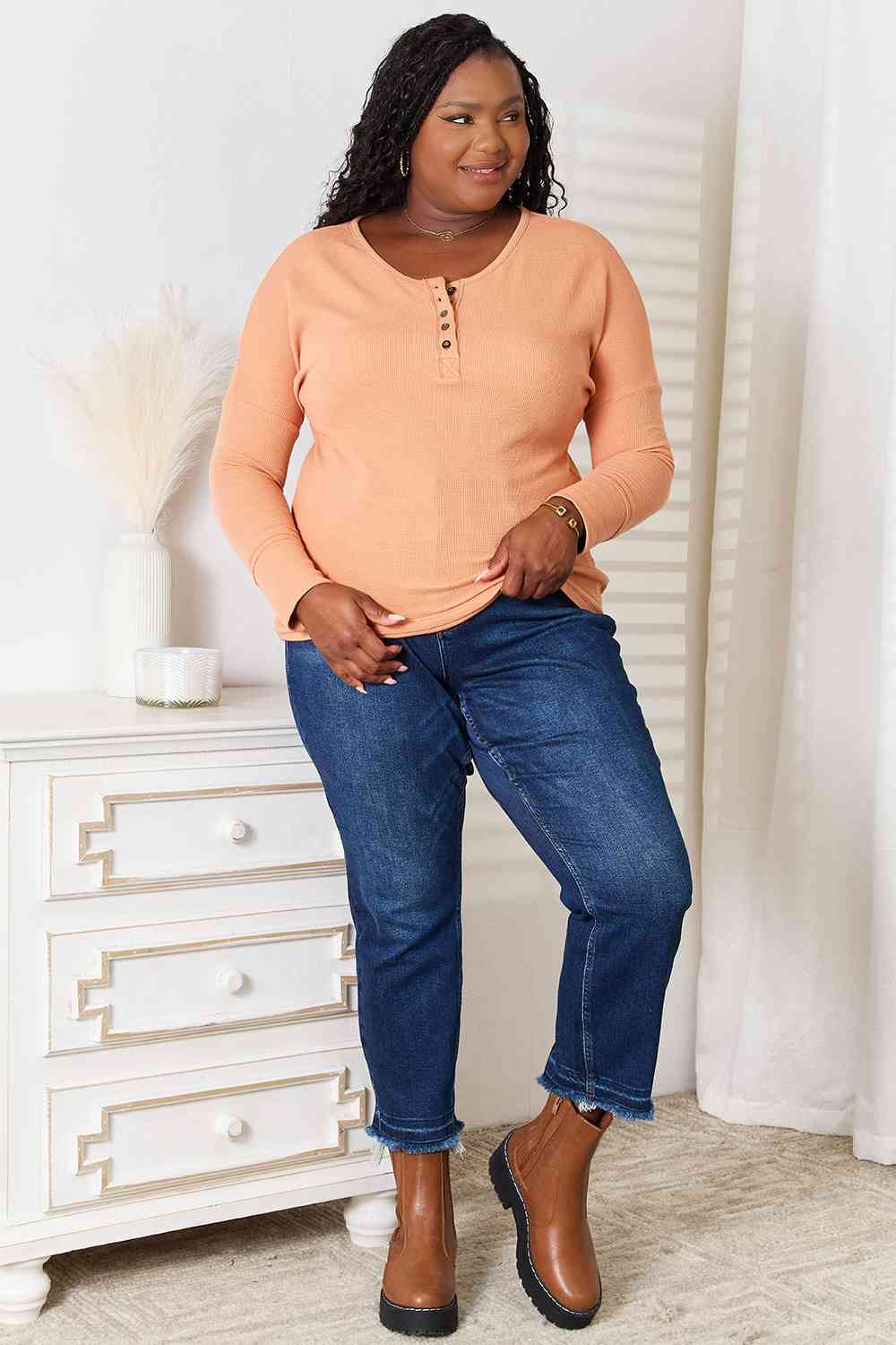 Basic Bae Half Button Long Sleeve Top *