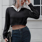 Basic Style Pink, Black, or Blue Contrast Collared Cropped Sweater