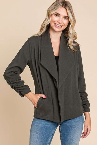 Culture Code Full Size Ruched Open Front Long Sleeve Jacket *