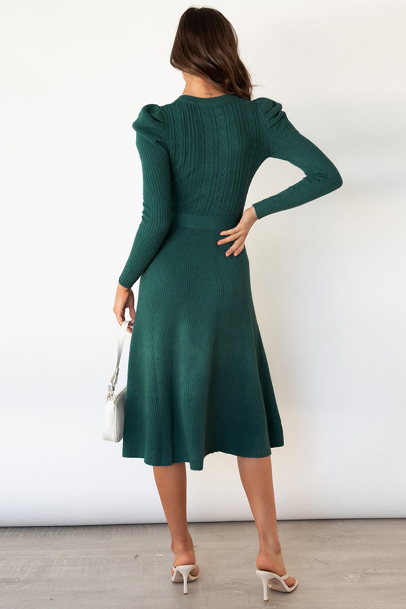 Full Size Round Neck Long Sleeve Tie Waist Sweater Dress