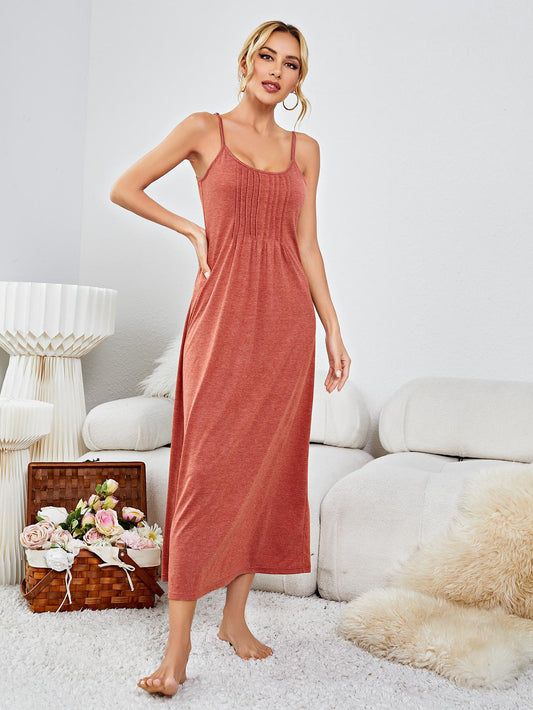 Brick Red Scoop Neck Spaghetti Strap Night Dress