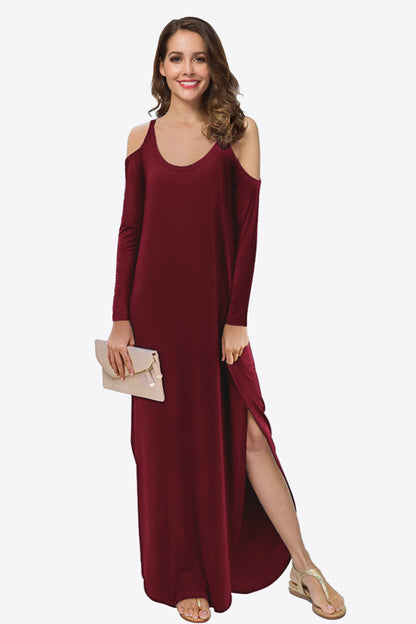 Women's Full Size Valencia Cold-Shoulder Split Dress with Pockets