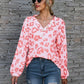 Leopard V-Neck Decorative Button Long Sleeve Blouse