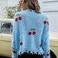 Cherry Pattern Frayed Trim V-Neck Sweater