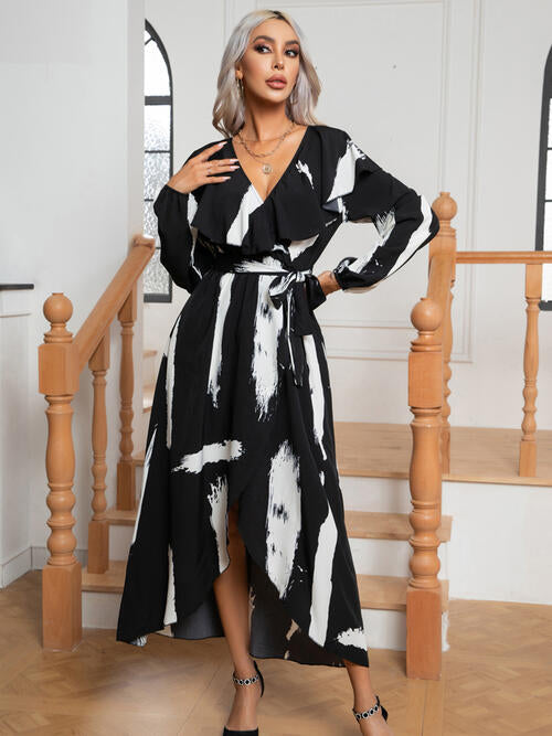 OhSoMidi Black Printed Tie Front Ruffle Trim Long Sleeve Dress