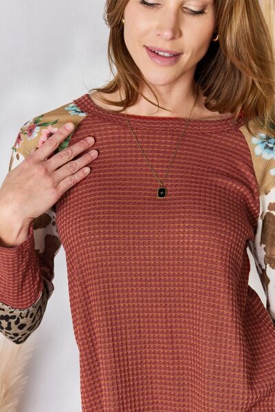 Hailey & Co Full Size Leopard Waffle-Knit Blouse *