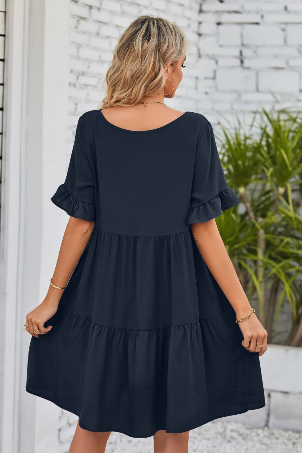 SO BOHO Full Size V-Neck Flounce Sleeve Tiered Dress