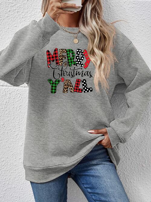 Merry Christmas Ya'll Letter Graphic Round Neck Long Sleeve Sweatshirt