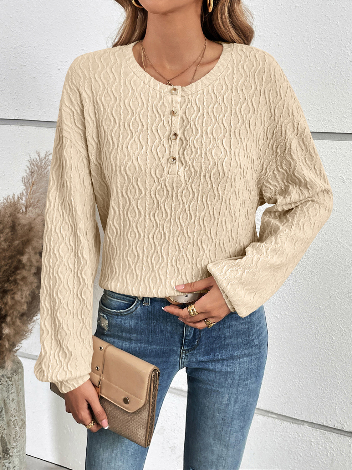 Full Size Half Button Long Sleeve Top