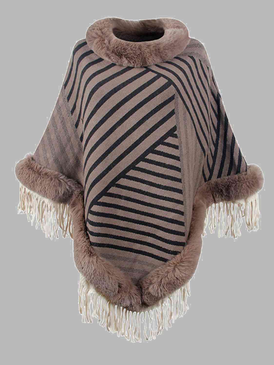 Contrasting Beauty One Size Striped Fringe Hem Poncho