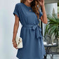 Belted Round Neck Curved Hem Dress