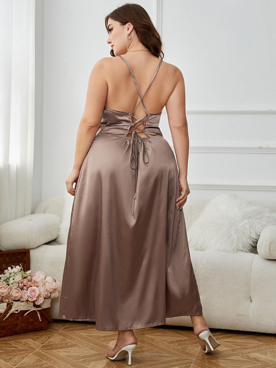 Plus Size Lace-Up Spaghetti Strap Split Brown Night Dress