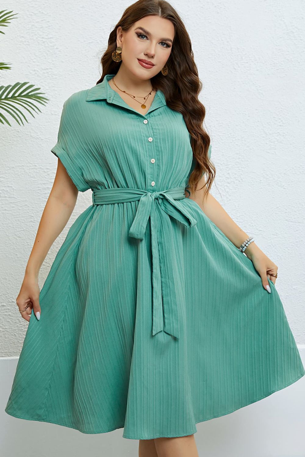 Plus Size Buttoned Tie-Waist Shirt Dress