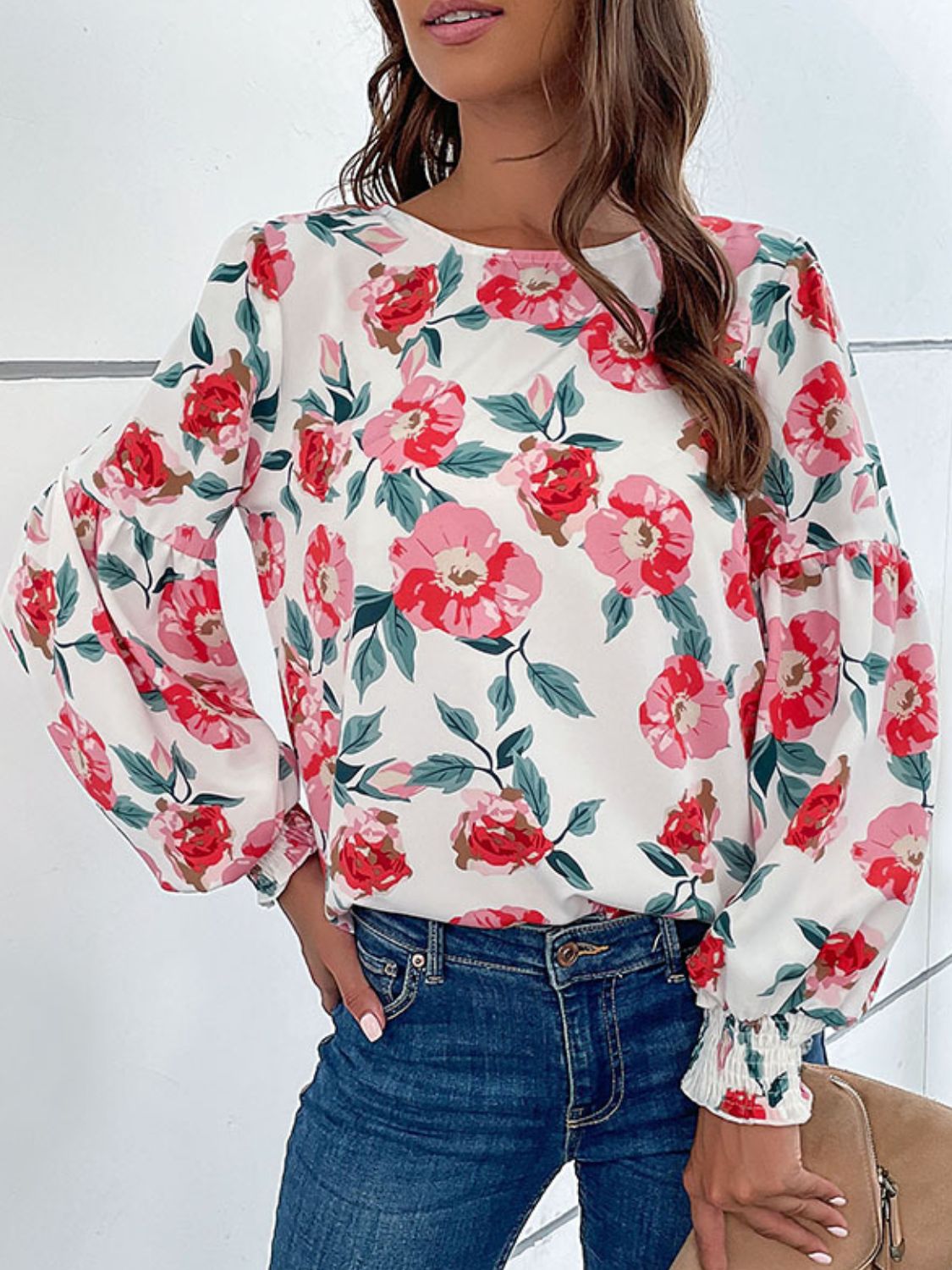 Women's Floral Long Puff Sleeve Round Neck Blouse