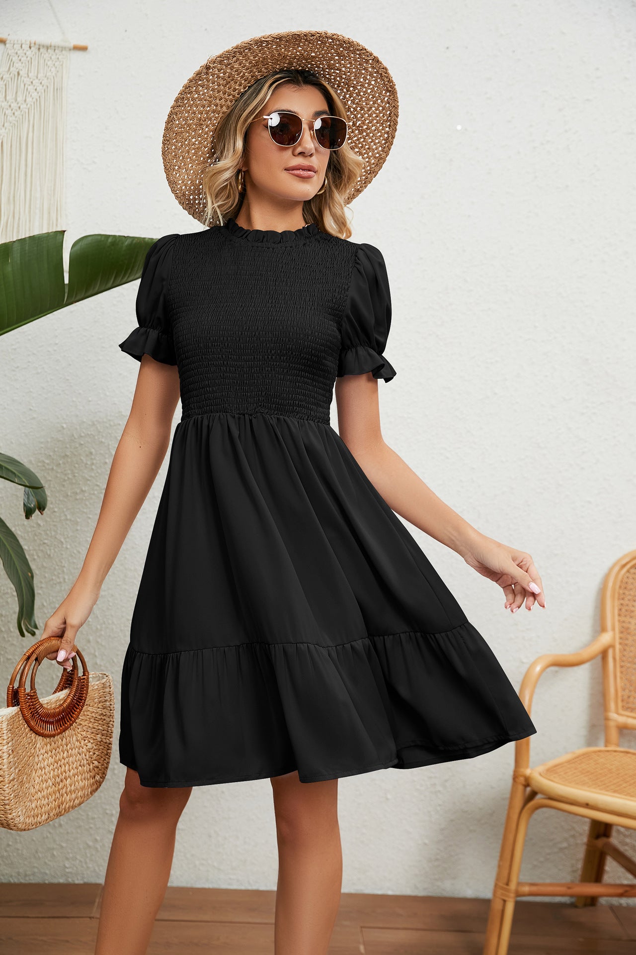 Women's Full Size Smocked Flounce Sleeve Ruffle Hem Dress