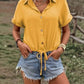 Drawstring Button Up Short Sleeve Blouse