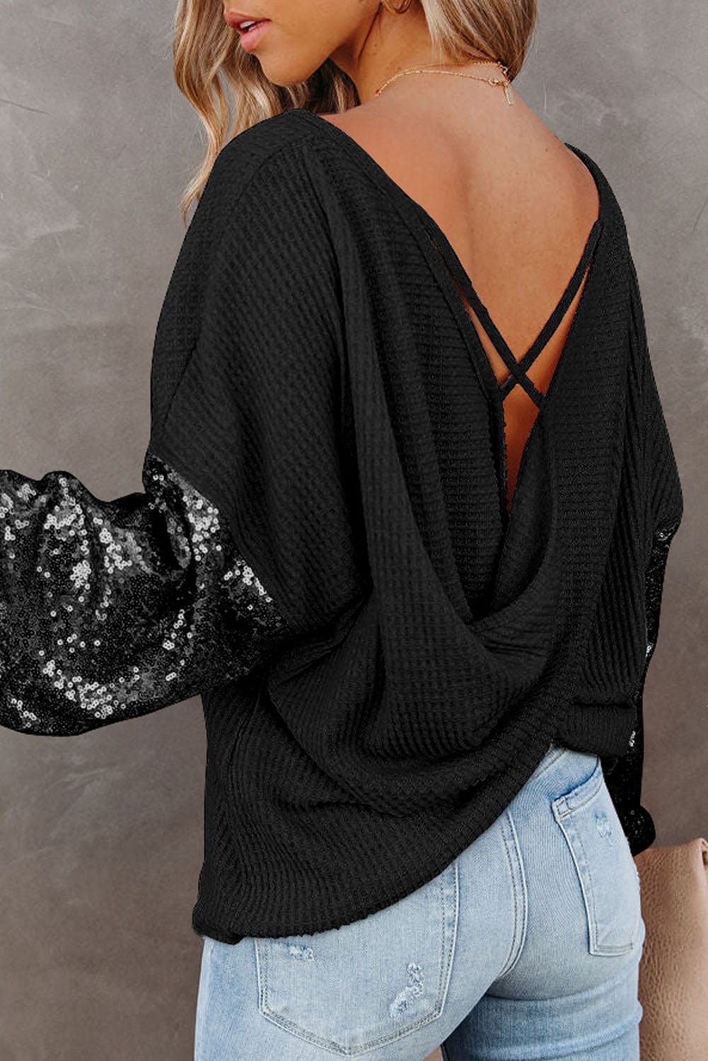 Full Size Sequin Waffle-Knit Blouse