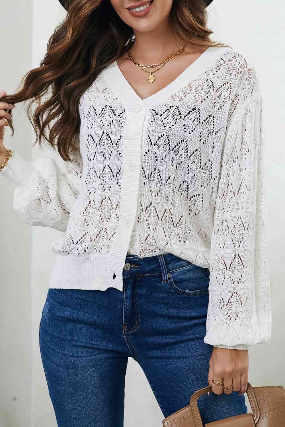 Full Size Openwork V-Neck Cardigan