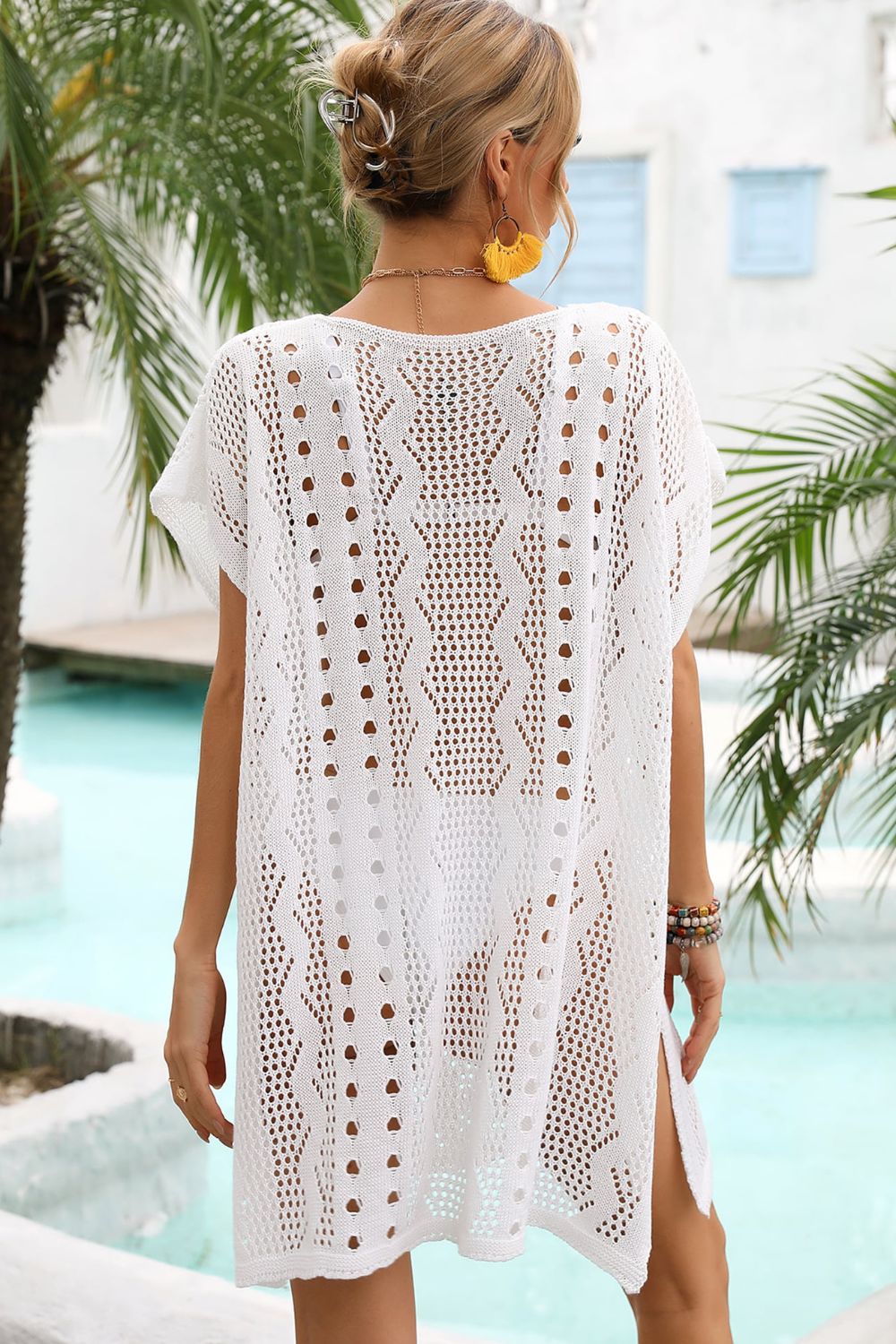 Women's Openwork Plunge Dolman Sleeve Cover-Up Dress