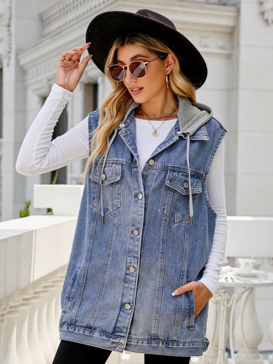 Women's Drawstring Hooded Sleeveless Denim Top with Pockets