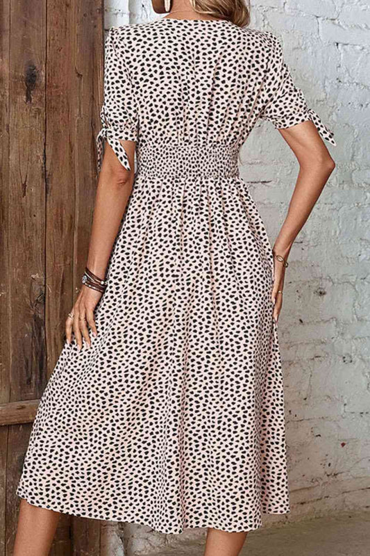 Animal Print Button Front V-Neck Tied Dust Storm Brown Dress