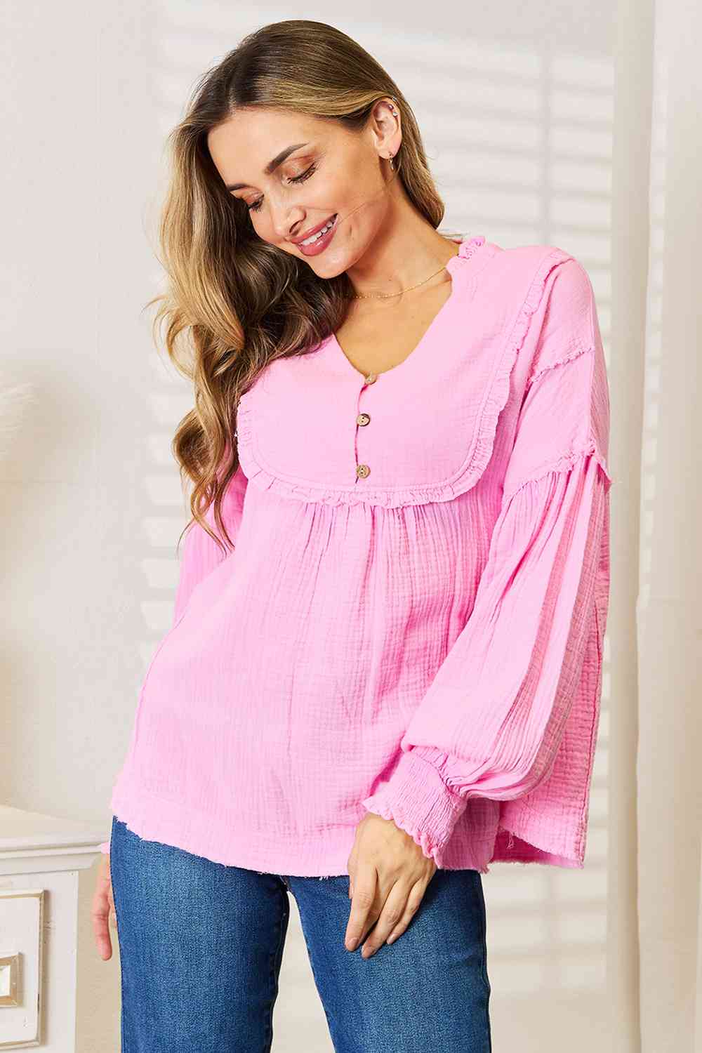 Double Take Exposed Seam Buttoned Notched Neck Blouse *