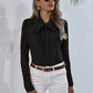 Tie Neck Spliced Lace Long Sleeve Top
