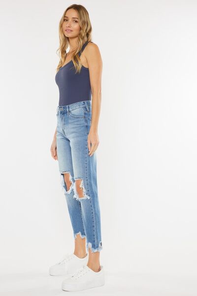 Kancan High Waist Chewed Up Straight Mom Jeans *