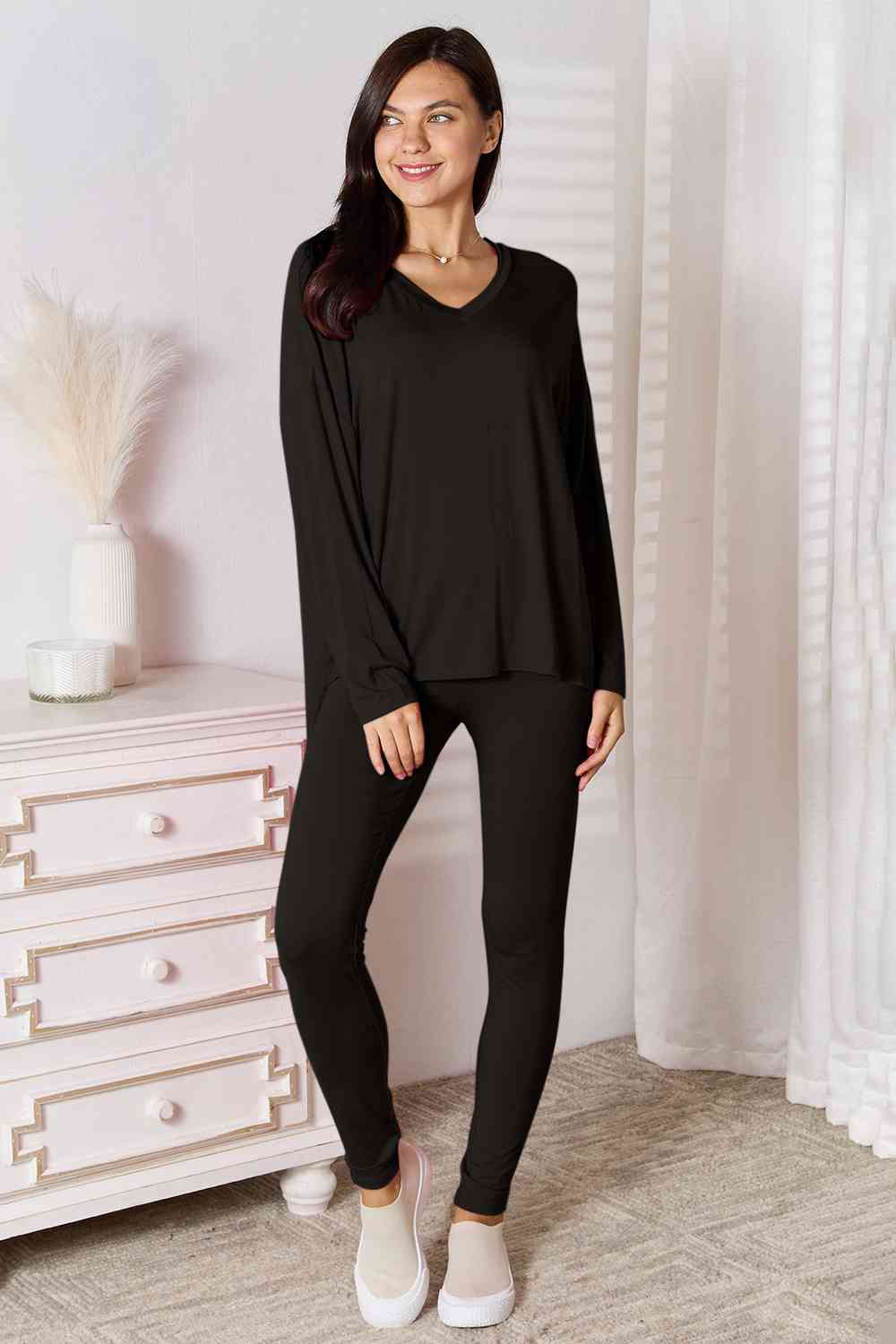 Basic Bae Full Size V-Neck Soft Rayon Long Sleeve Top and Pants Lounge Set *