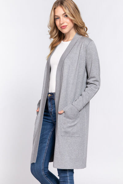 ACTIVE BASIC Heather Grey Open Front Rib Trim Long Sleeve Knit Cardigan