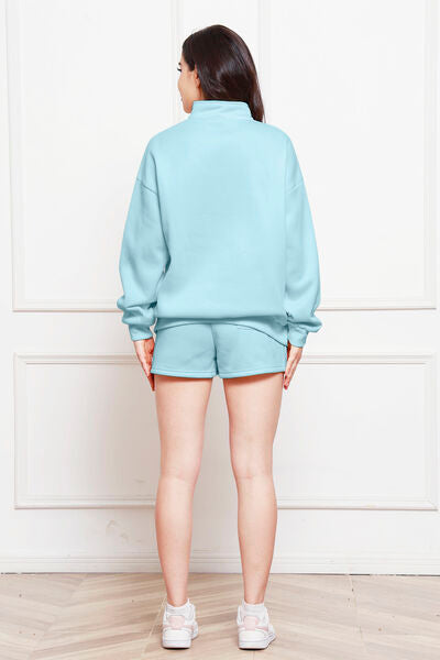 Comfy n' Cozy Half Zip Long Sleeve Sweatshirt and Drawstring Shorts Set